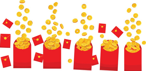 Chinese New Year icon vector—red envelopes with gold coins, floating prosperity symbols, and festive wealth motifs for celebration visuals