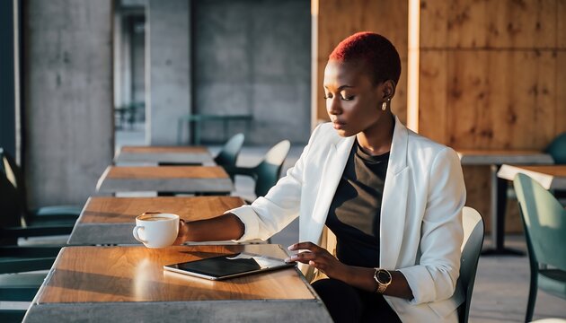 Stylish young black woman focused on her tablet while enjoying coffee in a modern cafe.