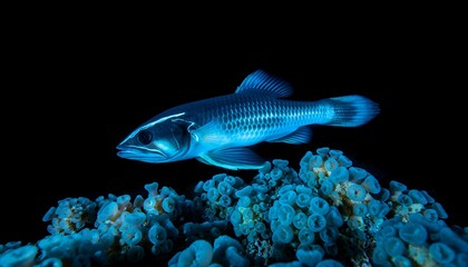 Fototapeta premium Radiant blue fish swimming over glowing coral, showcasing deep sea bioluminescence.