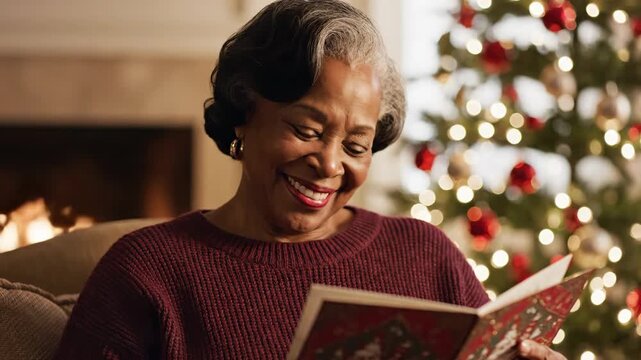 Happy senior african american woman reading christmas card at home. Elderly grandmother smiling by festive tree and fireplace. Holiday joy and family connection concept