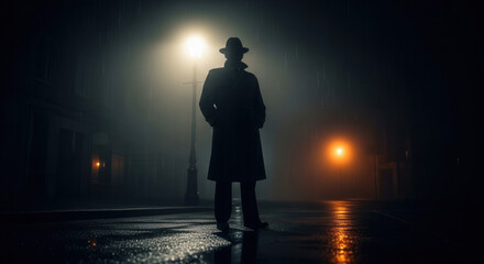 Mysterious figure in fedora and trench coat stands in foggy, rain-slicked city street under dramatic lamplight