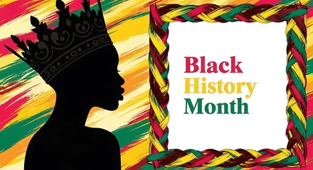 Elegant black history month illustration featuring a silhouette of a woman wearing a crown, framed by vibrant colors and the words black history month