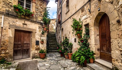 Cobblestone street scene with aged stone buildings, flowers, doors, and stairs