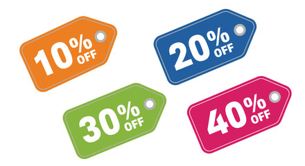 Colorful discount labels displaying percentage off offers for retail promotions
