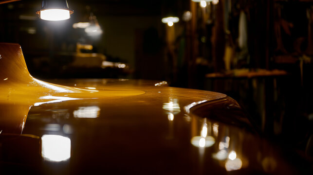 woodwork. A beautifully crafted wooden table with a smooth, reflective varnished surface. product launch decks, UI/UX mockups, designed for data visualization dashboards and holographic UIs.