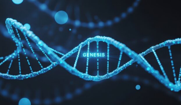 Dna helix structure with genesis word glowing, medical science genetic research background design