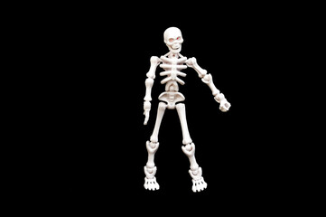 A small, articulated human skeleton model with red eyes, standing upright on a stark black background. Concepts of anatomy, biology, Halloween, fear, science, education, medical, spooky, and death.