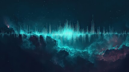 Abstract Turquoise Sonic Waveform with Vertical Lines of Varying Intensity on a Dark Cloud and Star Background