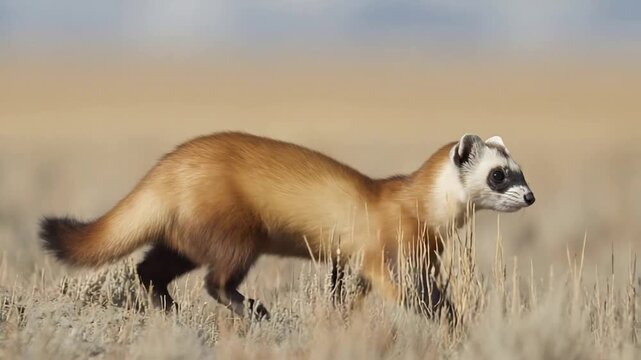 Wild ferret gracefully moves through dry grass in a natural prairie habitat.