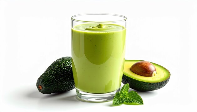 A refreshing green avocado smoothie in a glass, accompanied by a whole avocado, a halved avocado showing its pit, and fresh mint leaves, all set against a clean - Powered by Adobe