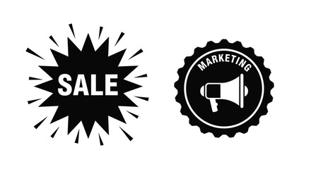 Black and white sale and marketing icons with a starburst and megaphone