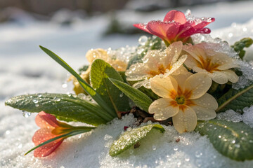 Low-angle view of the primrose plant showing clear ice droplets on the leaves and petals on the snowy ground