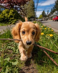 Adorable Brown Puppy Carrying Stick on Green Grass in Sunny Outdoor Setting