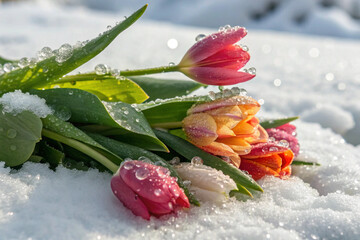 Nature photograph capturing the seasonal transition with vibrant yellow and pink flowers surviving a late winter frost