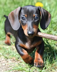 Adorable Dachshund Puppy with Branch Playfully Posing on Green Grass on Sunny Day Outdoor Animal Portrait of a Brown and Black Purebred Dog