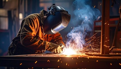 A worker in protective gear welds metal, sparks fly as bright light emanates from the process. The scene is industrial