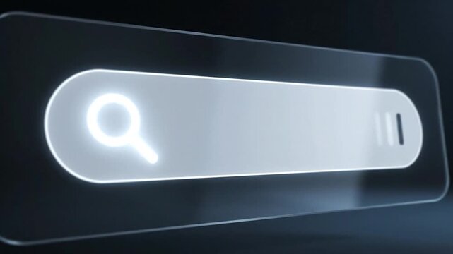 A glowing search bar graphic, light emanating, set against a dark background, 3D render