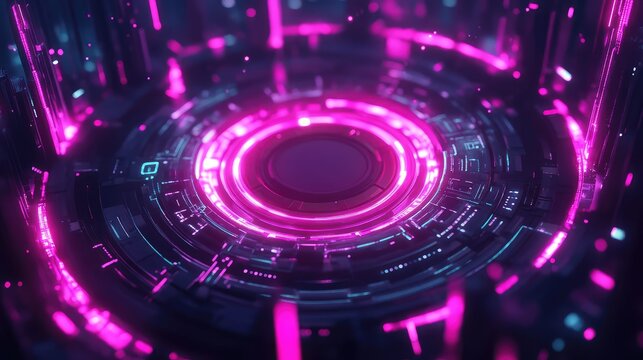 Abstract glowing neon cyberpunk data tunnel looping center