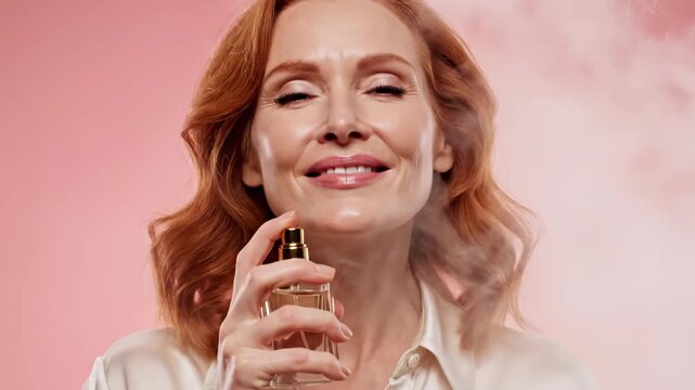 Elegant mature woman spraying perfume on her neck. Middle-aged redhead enjoying fragrance with eyes closed. Beauty and self-care concept on pink background