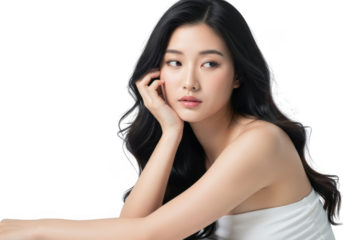 Young asian woman with long dark hair isolated on transparent background