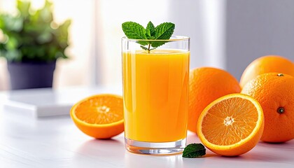 A refreshing glass of orange juice sits on a white surface with whole and halved oranges and a sprig of mint.