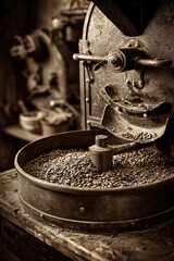 Antique Coffee Roasting Machine with Metal Hopper Filled with Coffee Beans in Dimly Lit Vintage Workshop