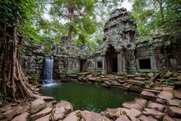 Ancient Temple Ruins Surrounded By Lush Greenery With Water Feature in Southeast Asia