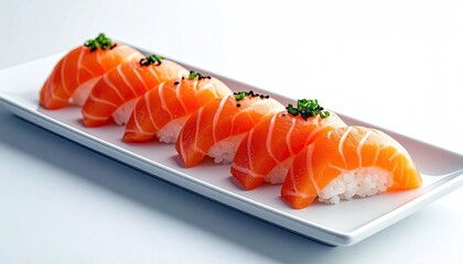 A close-up shot of six pieces of salmon nigiri sushi arranged in a row on a white rectangular plate, ready to be served.