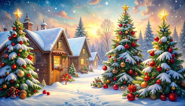 A snowy village scene with decorated evergreen trees, houses, and a winter wonderland ambiance at dusk - Powered by Adobe
