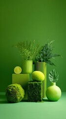 Arrangement of Green Geometric Shapes and Foliage Against Solid Green Background with Pixelated Texture and Artificial Look