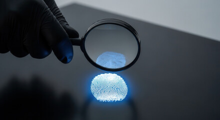 Forensic investigator examines glowing fingerprint under magnifying glass for evidence discovery and crime scene investigation