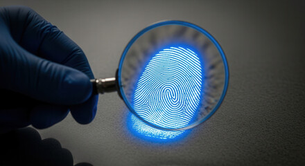 Close up of a gloved hand holding a magnifying glass over a brightly lit blue fingerprint, revealing intricate details for forensic investigation.