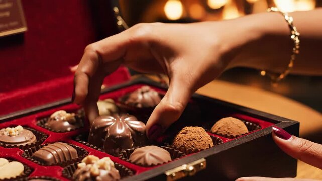 Woman's hand selecting gourmet chocolate from luxury gift box. Close-up on elegant assortment of pralines and truffles for special occasion