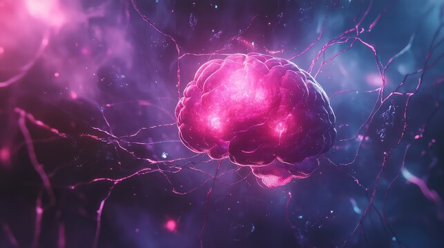 Brain with glowing neurons representing artificial intelligence and consciousness - Powered by Adobe