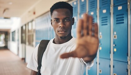 Young Black student making a stop gesture, asserting his boundaries in a school hallway.