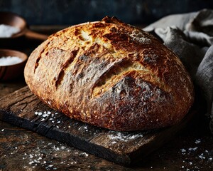 Artisan Bread Loaf on Wooden Board with Salt and Rustic Textile