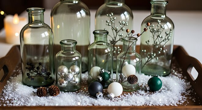 Winter Decoration with Glass Bottles and Snow