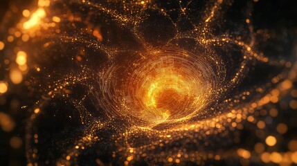 Glowing golden particle vortex creating abstract energy tunnel