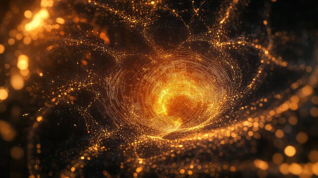 Glowing golden particle vortex creating abstract energy tunnel