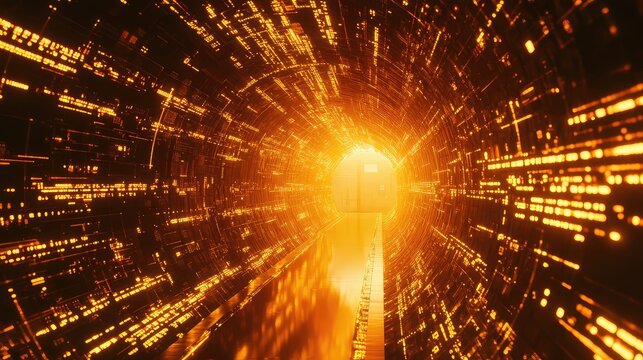 Digital data streaming through futuristic orange tunnel
