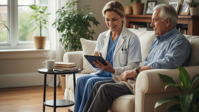 Home Health Nurse Consults Senior Man