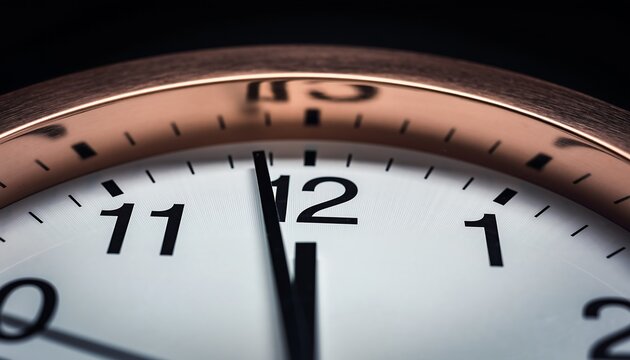 Close-up of a clock face with hands striking twelve, symbolizing a critical moment or new beginning.