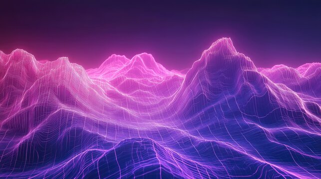 Wireframe digital mountain landscape with neon gradient colors