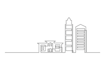 One line drawing of city landscape with buildings in minimalistic style simple