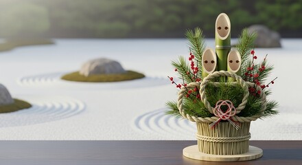 Japanese Shōgatsu kadomatsu bamboo arrangement, serene zen garden blurring behind