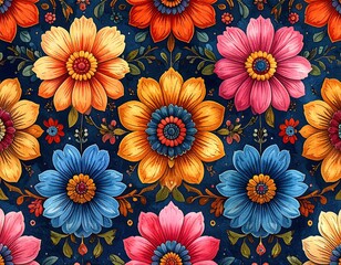 Colorful floral pattern with stylized flowers on a dark blue background