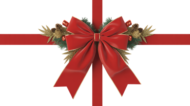 Festive red bow with golden trim, a classic holiday gift wrap element