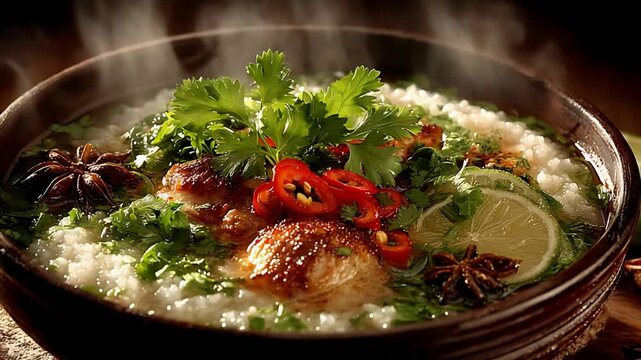 Steaming Bowl of Savory Rice Porridge with Fresh Herbs and Chili.