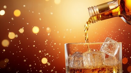 Pouring Refinement: A golden elixir cascading from a crystal bottle into a glass of ice, the image evokes a sense of opulence and refreshment against a warm, inviting backdrop.