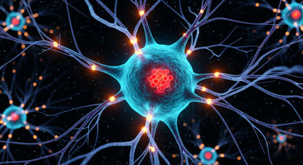 Detailed 3D render of a blue neuron cell body with glowing orange axons and synapses against a dark background, illustrating neural connections and biological structures.